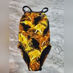 TYR Durafast One-Piece Swimsuit Yellow Abstract Print Crisscros Size 30 S 4/6